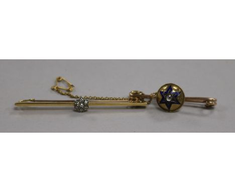 An early 20th century 15ct gold and diamond cluster bar brooch and a Victorian 9ct gold, diamond and enamel bar brooch (conve