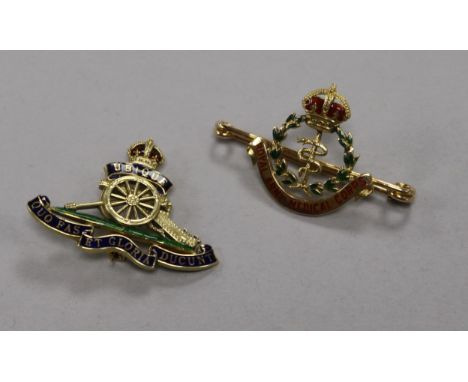 An early 20th century 15ct gold and two colour enamel Royal Army Medical Corps bar brooch and a 14ct gold and enamel Royal Ar
