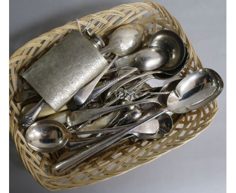 A sterling silver hip flask and a small collection of silver, silver-mounted and plated flatware, the hip flask with engine-t