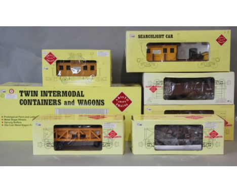 Aristocraft G gauge rolling stock; Twin Intermodal containers and wagons, 4 x wood gondola car, 2 x box wood car, 5 x coal ho