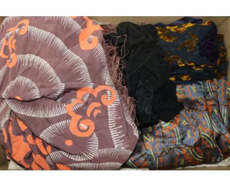 A 1930's printed shawl, silk jacket and mixed vintage clothing and fabrics