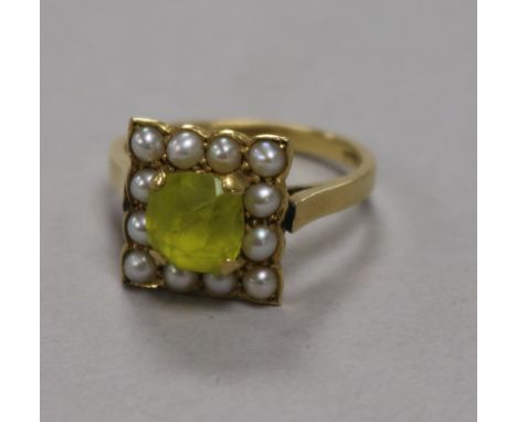 An 18ct gold, green paste and split pearl dress ring, size P.