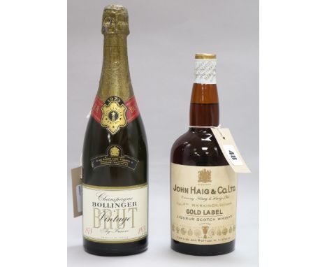 1973 Bollinger Brut Vintage Champagne and John Haig & Co Gold Label Whisky circa 1950 (2 bottles)