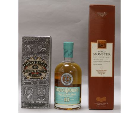 Compass Box The Peat Monster, malt Scotch whisky 46% abv, Chivas Regal 12 Yr old Scotch, Bruichladdich 10 year old Islay malt
