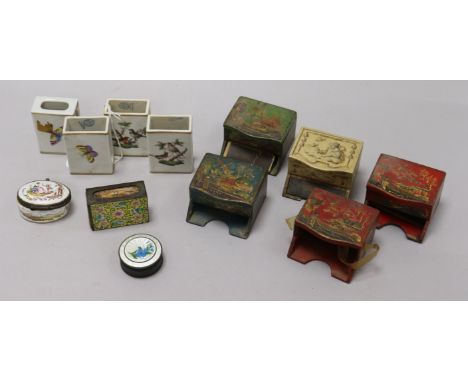 Four Herend matchbox holders, a silver and enamel box, various japanned match holders, etc.