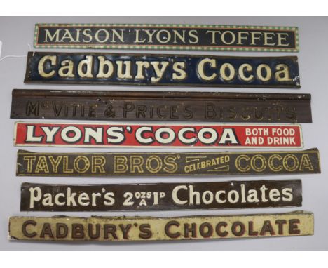 Seven shelf advertising signs for toffee biscuits, chocolate and cocoa longest 53cm