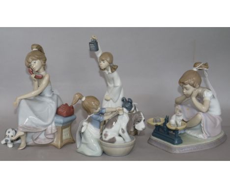 Three Lladro figures and a Nao figure, boxed, to include How You've Grown, no. 5474, Bashful Bather, no. 5455, Chit-Chat, no.