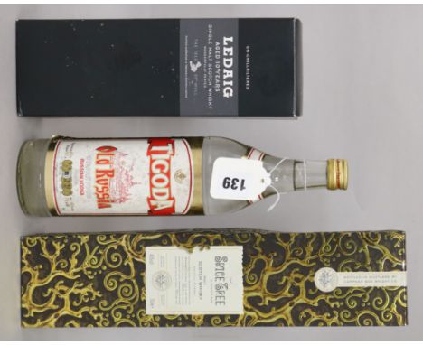 Ledaig 10yo Isle of Mull single malt unchill filtered 46.3% abv, Compass Box The Spice Tree malt scotch 46%abv, Tigoda Old Ru