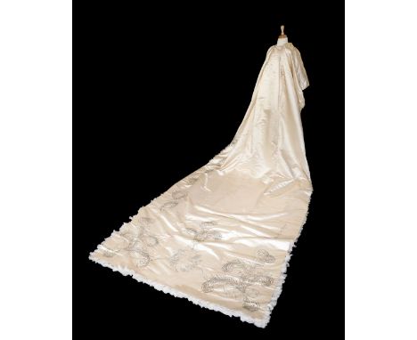 * Clothing. A court train, late 19th/early 20th century, long train of cream satin, expertly hand-stitched with metalwork, bu