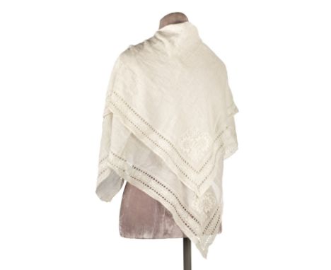 * Shawl. A Georgian whitework turnover shawl, fine white cotton lawn, with floral motifs in opposing corners hand-stitched in