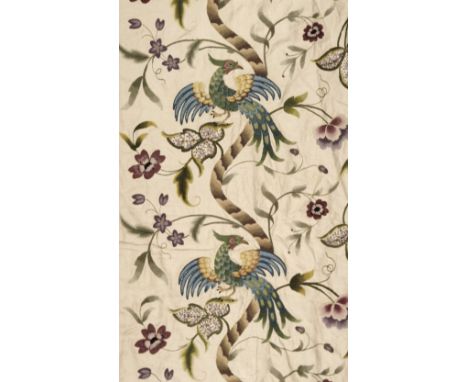 * Embroidered bedcover. A large crewelwork bedcover, circa 1930s, expertly hand-stitched in polychrome wools on a cream twill