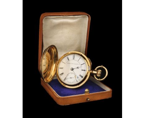 * Pocket Watch. An Edwardian 18K pocket watch by Elgin &amp; Watch Co, the 45 mm white enamel dial with black roman numerals 