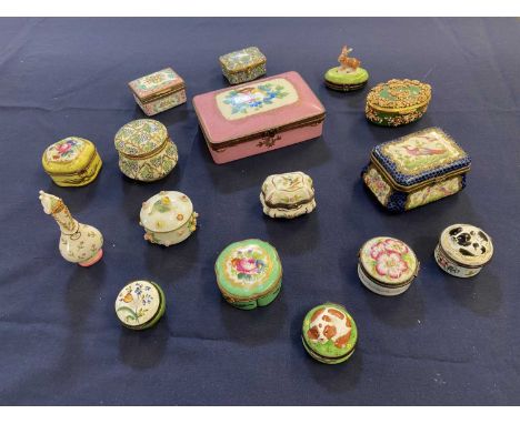 * Trinket Boxes. A collection of trinket boxes, including an 18th century style Bilston enamel patch box with a recumbent spa