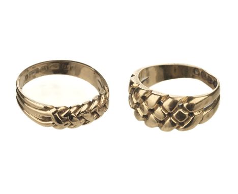 * Rings. An 18ct gold knot ring, stamped 18ct, size M, gross weight 7.4g, together with a similar 18ct gold ring, size P, gro