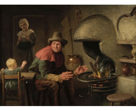 * Bromley (Valentine Walter, 1848-1877). The Rustic Hearth, 1873, oil on canvas, depicting a peasant by the fire, baby sittin