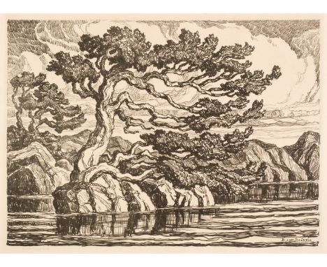 * Sandzén (Birger, 1871-1954). Wind whipped Pines, 1928, crayon lithograph, on Arches laid paper, a very good, rich impressio