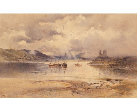 * Tucker (Arthur, 1864-1929). Kyleakin on the Isle of Skye, watercolour, depicting Kyleakin harbour with boats moored, and ru