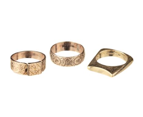 * Rings. A 9ct gold ring circa 1960, stamped 375, size N, together with two further 9ct gold rings, combined weight 14.8gQTY: