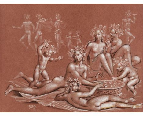 * Goor (Gaston, 1902-1977). A Bacchanale, 1953, black and white chalks heightened with red and yellow on thick crimson card (