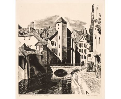 AR  * MacNab (Iain, 1890-1967). Le Quai de l'Île, Annecy, circa 1929, wood engraving, on thin, soft, translucent Japan paper,