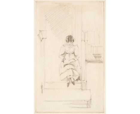 * Maclise (Daniel, 1806-1870). Study of a girl reading seated in a doorway, pencil on paper, portraying a girl sitting in a d