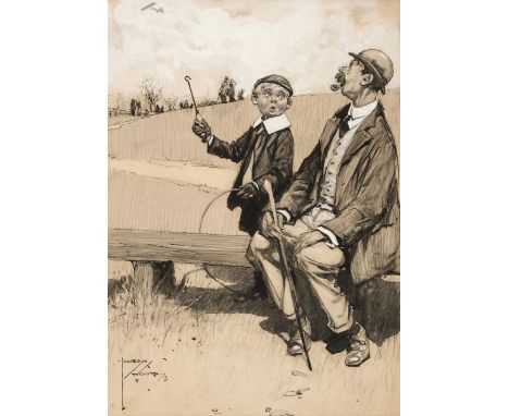 * Wood (Lawson, 1878-1957). A Warning for Aviators, 1913, monochrome pen and wash, heightened with bodycolour, depicting a yo