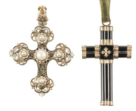 * Cross. A 19th century continental cross, yellow metal and and enamel in black and white to front and back and set with one 