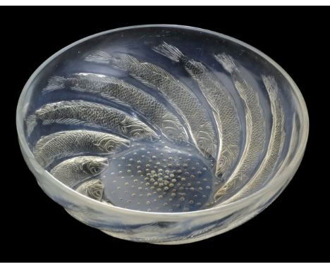 * Lalique (René, 1860-1945). A 'Poisson' opalescent glass bowl, the circular bowl with stylised moulded fish, the interior en