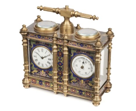 * Carriage Clock. A French 19th century style cloisonné enamel carriage clock and barometer compendium, one dial with black r