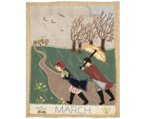 * Needlework. Frieze Designed for an Infant's Classroom, by Patricia Hunter, circa 1940s, unfinished frieze, carefully worked