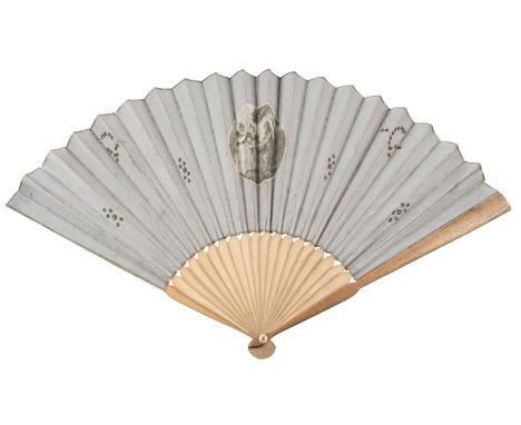 * Humorous. Pictorial engraved fan, circa 1770, folding paper fan, the leaf engraved with a large hand-coloured vignette of 3