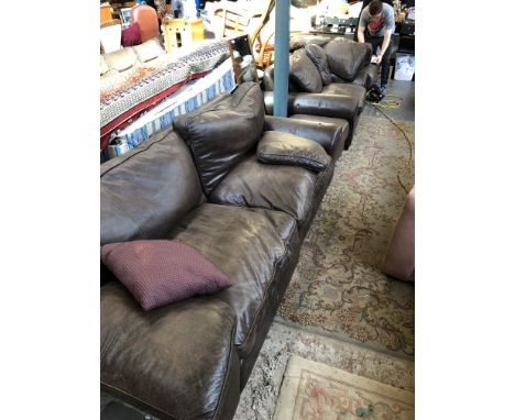3 piece dark brown leather suite and matching pouffe 