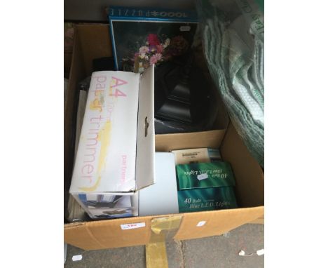 Box of misc including a lantern light, light bulbs, a canvas sweater bags, A4 paper trimmer, etc 
