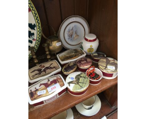 A group of seven Caverswall Derby and Gold Seal Oaks commemorative trinket boxes with badges, A Coalport Derby Winners ginger