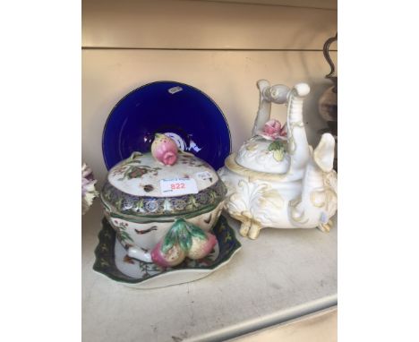 Capidimonte style teapot, glass dish, pot tureen on tray 