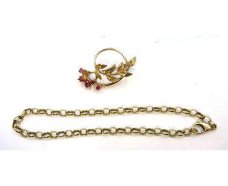 9ct gold ruby leaf design brooch hallmarked and a 9ct gold cable link chain bracelet stamped 375 Condition Report & Further D