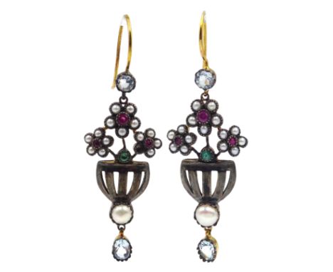 Pair of ruby, seed pearl, topaz and emerald flower and basket design pendant earrings Condition Report & Further Details Pend