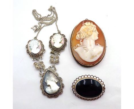 Gold cameo brooch, stamped 9ct, silver Whitby jet brooch hallmarked and a silver necklace stamped 925 Condition Report & Furt