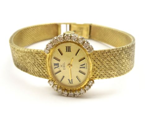 Ebel 9ct gold ladies manual wind wristwatch, the bezel set with nine diamonds on each side, London 1968 Condition Report & Fu