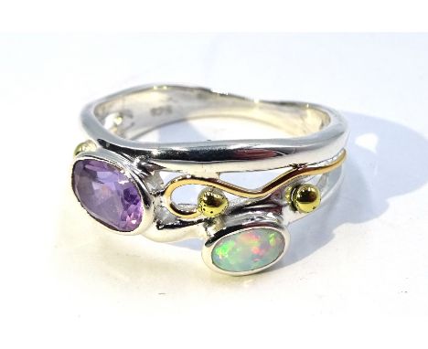 Silver and gold amethyst and opal ring, stamped 925 Condition Report & Further Details Size N-OClick here for further images,