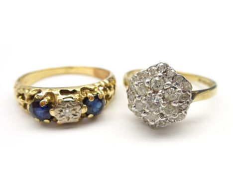  9ct gold diamond cluster ring hallmarked and a 9ct gold (tested) three stone diamond and sapphire ring Condition Report & Fu