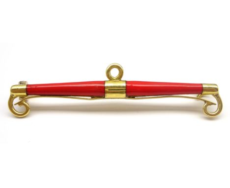 Early 20th century gold and red enamel bar brooch, stamped 18ct Condition Report &amp; Further Details Approx 9.2gm, length =