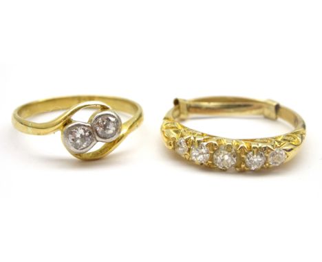 Gold early 20th century five stone diamond ring and a gold two stone crossover ring, stamped 18ct Condition Report & Further 