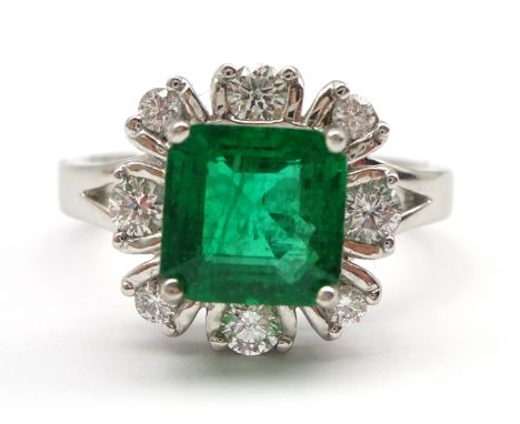 18ct white gold fine emerald and diamond cluster ring hallmarked, emerald 1.50 carat Condition Report & Further Details Click