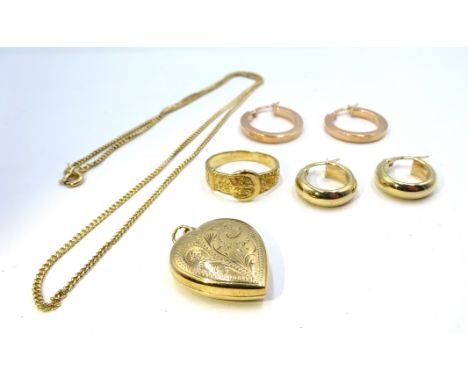 Two pairs of 9ct gold hoop earrings, 9ct gold ring and 9ct gold pendant necklace, all hallmarked or stamped, approx 13.16gm C