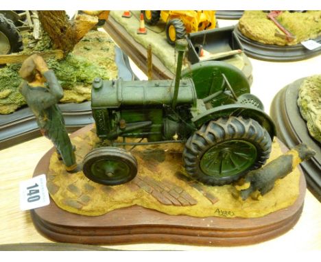 Country Artists model of a farmer scratching his head, with a green tractor, title to plaque 'Won't Start', sculptor Ayres
