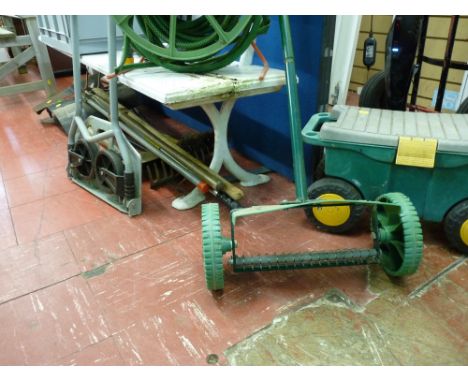 Long handled garden tools, folding trolley, kneeler, scarifier, hosereel