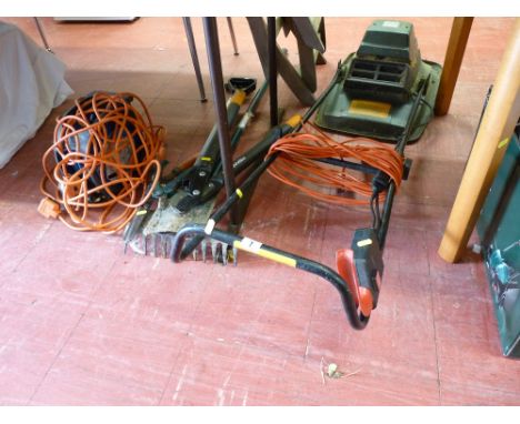 Black & Decker electric hover mower, pair of garden loppers, other garden tools, extension leads E/T