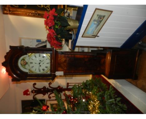 An early 19th century mahogany longcase clock, the painted broken arch dial with Roman numerals, moon phase and subsidiary di