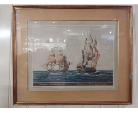 Early 20th century French school, English Frigate in Trouble, hand-coloured lithograph, together with two companion studies. 